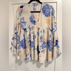 Free People Floral V-Neck Blouse in Blue, Cream, and Orange